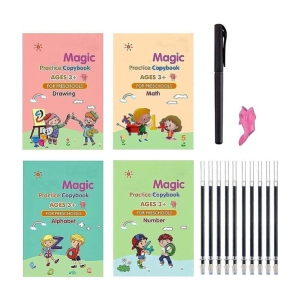 Sank Magic Practice Copybook,(4 BOOK +10 REFILL+ 1 Pen + 1 Grip) Number Tracing Book for Preschoolers with Pen, Magic Calligraphy Copybook Set Practical Reusable Writing Tool Simple Hand Let