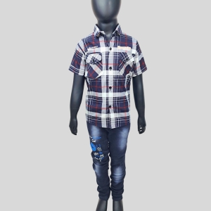 Half Sleeves Checkered Shirt & Black Wash Jeans Black Shirt 7 (7-8 years)