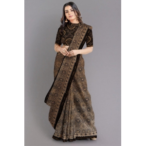Grey and Black Ajrakh block Printed Pure Silk Cotton Chanderi Saree