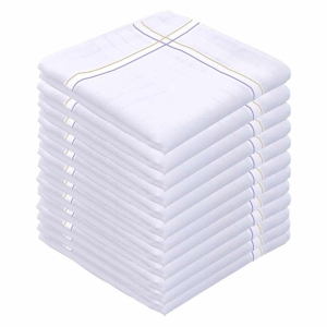 SHELTER Premium Men's 100% Cotton Soft Handkerchief with white and color Lining border (White 44 x 44 cm) - Pack of 12