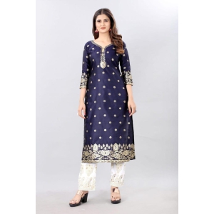 Navy Blue-God Toned Unstitched Woven Design Dress Material