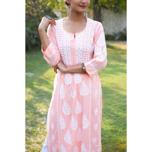 Modal Chikankari Nyra Kurti- Peach-XXL