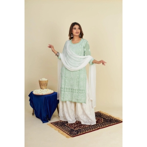 Georgette Chikankari  kurti- Pastel Brown-Pista Green / XL