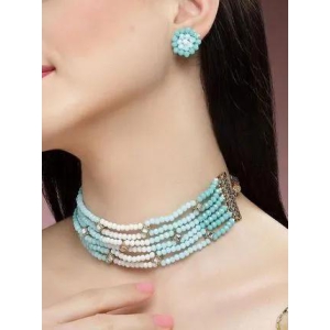 Karatcart Light Blue and White Crystals Beaded Kundan Choker Necklace Set for Women-Free Size