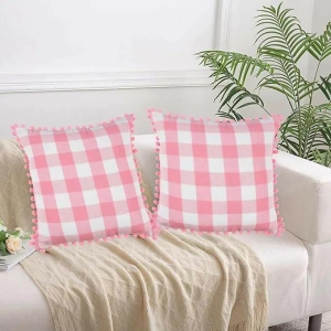 Lushomes Square Cushion Cover with Pom Pom, Cotton Sofa Pillow Cover Set of 2, 18x18 Inch, Big Checks( 45x45cm, multi-color)-Baby Pink