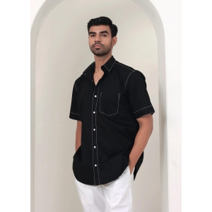 Regular fit solid cotton black shirt-M