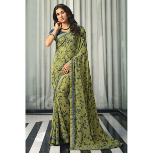 Rangita Georgette Floral Printed Saree With Lace Border & Blouse Piece - Olive - Olive