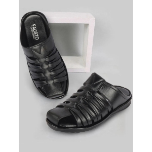 Men Black Genuine Leather Criss Cross Strap Back Open Slip On Dress Sandals-8