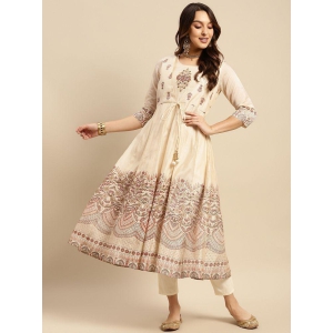 Rangita Women Chanderi Beige Yoke Embroidered Border Printed Calf Length Anarkali Kurti - None