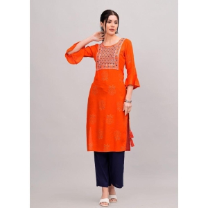 MAUKA Rayon Printed Kurti With Palazzo Womens Stitched Salwar Suit - Orange ( Pack of 1 ) - None