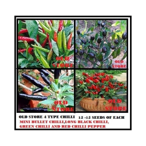 Combo pack of 4 type chilli seeds 15-15 seeds of each 1  (Small bullet black chilli long black chilli red chilli pepper green chilli) for indoor outdoor home gardening use with instruction m