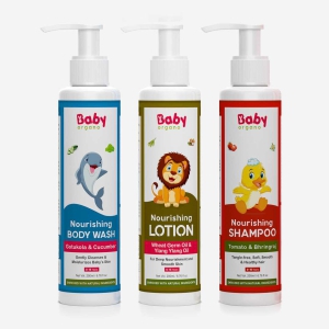 BabyOrgano Babys Bath Care Combo | Gentle Body Wash (200ml) + Baby Shampoo (200ml) + Nourishing Body Lotion (200ml) | 100% Safe for Kids