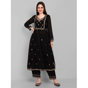 Women Embroidered Vichitra Silk kurta Pant set in Black Color-XL