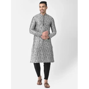 AHBABI Men''s Printed Dupion Silk Kurta Pyjama Set Silver-Black-M