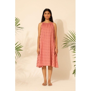 Tiera Pink Block Printed A-line Sleeveless Dress