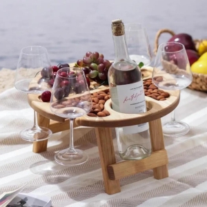 Wooden folding wine picnic table, Patio furniture portable, Wine caddy