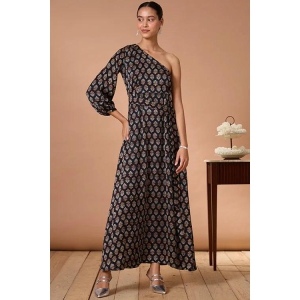 Okhai Garnet Gypsy Handblock Printed Modal Ajrakh One-Shoulder Dress-XXS