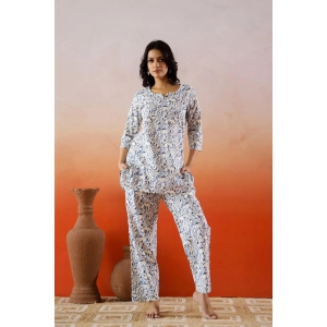 white and blue printed cotton Loungewear set-M