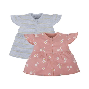 My Milestones T-shirt Half Sleeves Girls Pink Daisy / Grey Stripes-2Pc Pack - 3-6M - None