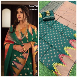 J J ENTERPRISES Kanjivaram Kanchipuram Soft Silk Saree copper zari With Jacquard Blouse Piece for women - Green - Green