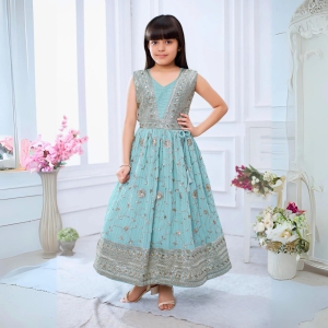 Pastel Blue Ethnic Dress With Beautiful Glowing Ivory Design-22 (3-4 years)