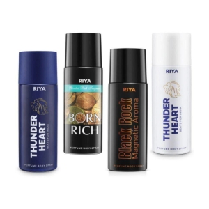 Riya Thunder Heart Blue& White, Born Rich & Black Rock Deodorant Spray & Perfume For Men 600 ( Pack of 4 )