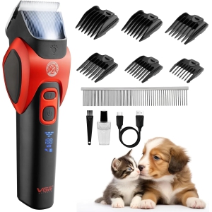 VGR V-208 Pet Clipper: 2000mAh Battery, LED Display, Ceramic Blades, Powerful Motor, 6 Combs, 180min Runtime, Travel Lock.-Red