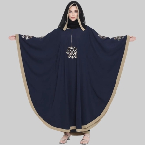 Beautiful Self Design Blue 7 Boota Embroidery With Single Beige Patti Crepe Kaftan Abaya or Burqa for Women & Girls_00863-Free Size / Blue / Crepe