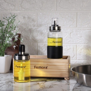 Femora Borosilicate Glass Oil Bottle, 500 ML with Ghee Brush Jar 250 ML in One Wooden Tray for Kitchen