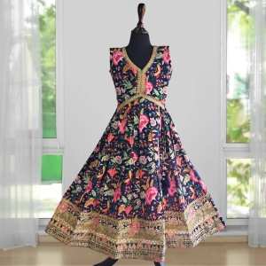 Navy Blue Alia Cut Ethnic Dress With Flower Print and Gota Patti Lace-26 (5-6 years)