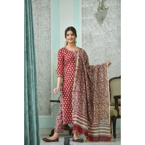 Red & Cream Printed Fancy Kurti With Bottom & White Dupatta set-M