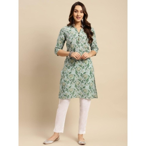 Rangita Women 100% Cotton Mint Green Floral Printed Knee Length Straight Kurti - None