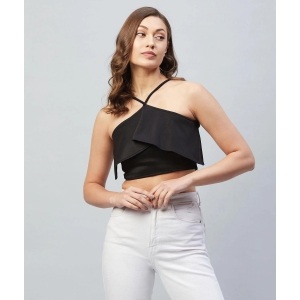 Womens Solid Tie Up Neck Black Crop Top-S