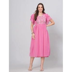 HIGHLIGHT FASHION EXPORT Crepe Embroidered Midi Womens Fit & Flare Dress - Pink ( Pack of 1 ) - None