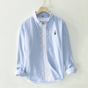 Sky Blue Cotton Solid Color Casual Long Sleeved Shirt-L