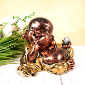 Laughing Buddha Statue Big | Child Monk Showpiece with Money Bag for Wealth | For Good Luck, Table & Office Decor & Gift | Rustic Home Decor  - 8 Inch