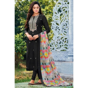 Black Color Daily Wear Embroidered Chanderi Fabric Salwar Suit ( Unstitched )