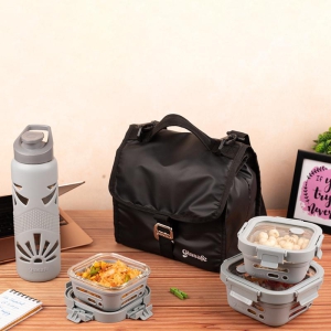 Trio Grip Combo (Lunch Bag, Clear Grip bottle, 320ml Tiffin, 520ml Tiffin)-Soothing Slate