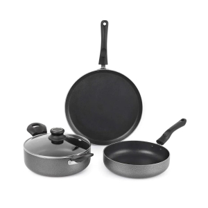 Non-Stick Prima Induction Base Cookware Set, 3 Pieces Grey