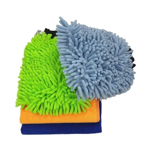 SOFTSPUN Microfiber Chenille & Single-Side Gloves 1700 GSM  with Towel 340 GSM, 4 Piece Combo Multicolour, Multi-Purpose Super Absorbent and Perfect Wash Clean with Lint-Scratch Free Car, Du