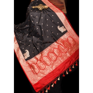 Black and Red Authentic Katan Silk Banarasi Saree with Chunri Buttis and Koniya Motifs | SILK MARK CERTIFIED