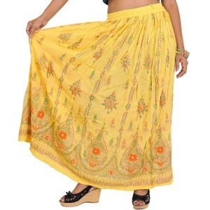 Banana-Cream Long Skirt With Printed Flowers and Embroidered Sequins