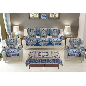 Nendle Floral Sofa Cover Combo Set with Sofa Covers Set of 5 Seater with Arms Cover, 5 Pieces Cushion Covers & 4 Seater Center Table Cover (Pack of 18 Pieces, Golden & Sky Blue)