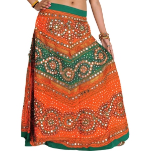 Orange And Green Long Ghagra Skirt from Jaipur with Aari Embroidery and Sequins