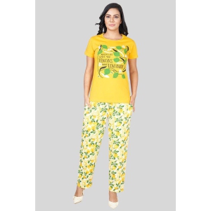 Women's Cotton Printed Night Suit Set - Mustard Yellow-2XL