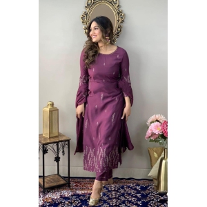 NAIYAA FASHION Women's REYON SLUB Embroidery Kurta Pant Suit Set Purple Stylish Ethnic Wear-M