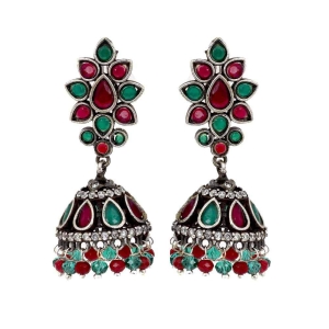 Abhaah antique Ruby Emerald american diamond (AD) German oxidised silver jadau pink and green kundan latest design stud jhumka (jhumki) earrings for woman and girls