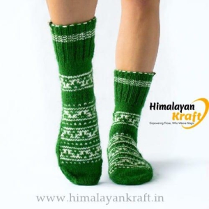 Hand Knitted Kullu Design Unisex Ankle Socks - Lime Green