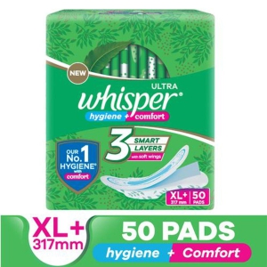 Whisper Ultra Clean Sanitary Pads - XL Plus, Locks Wetness & Odour, 50 pcs