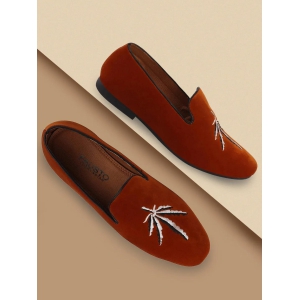 Men Tan Velvet Leaf Print Embroidery Slip On Party Loafers-10